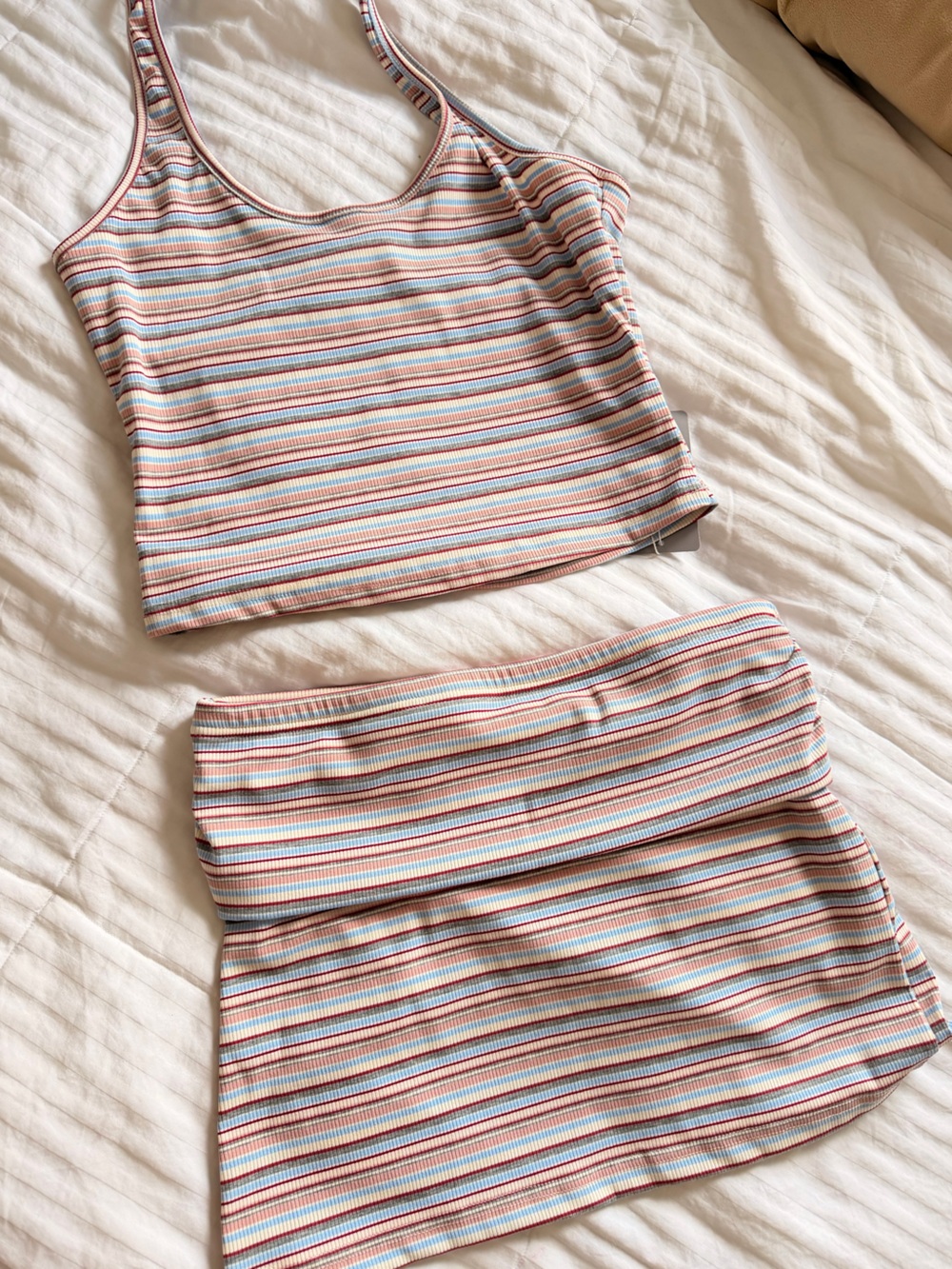 Missguided + Pastel Striped Ribbed Tank and Skirt Set - Pink, Blue, Cream